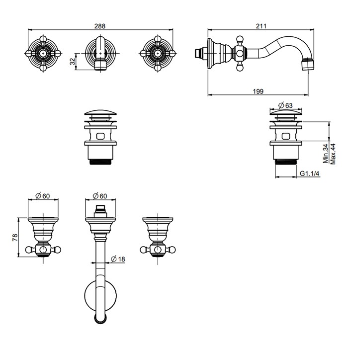 Fima Carlo Frattini смеситель для раковины, встраиваемый, излив: 19.9см., elizabeth, золото арт. f5081l/5or