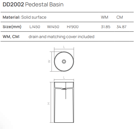 Раковина напольная d450хh900 мм, Dea Pedestal Basin, белый арт. DD2002 450 18