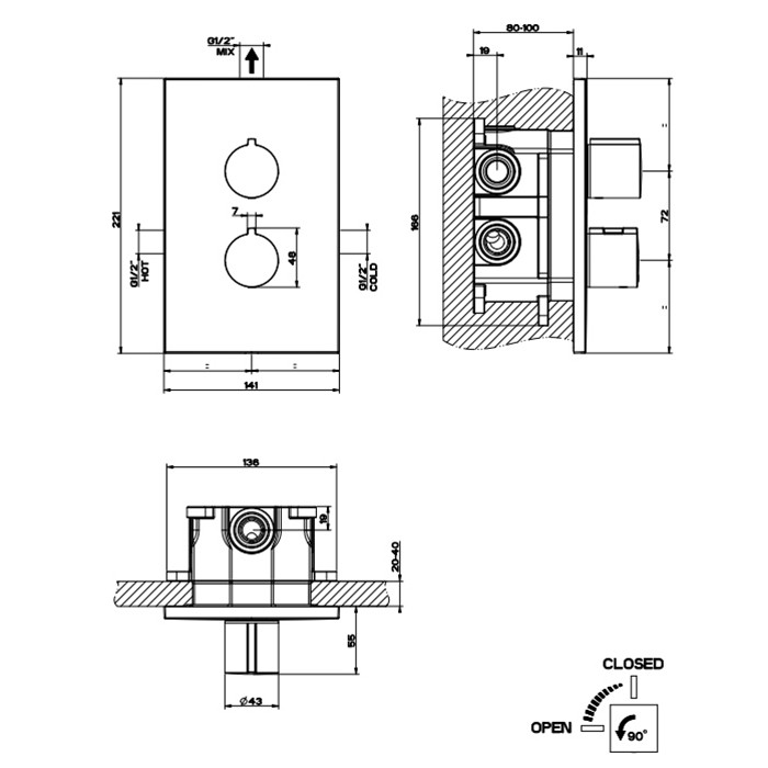 Gessi Смеситель для душа, встраиваемый, термостатический, на 1 позицию, Emporio Via manzoni, 38792#031 цвет: хром