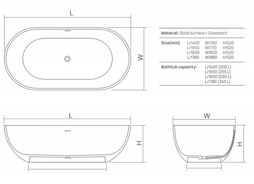 Ванна отдельностоящая 165x82xh52 см, Dea Design Shadow, серый арт. DD8619 1650 3
