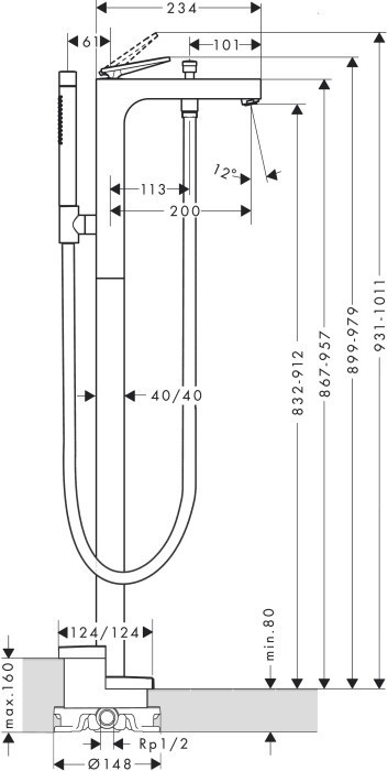 AXOR смеситель для ванны, однорычажный, напольный с рычаговой рукояткой - с текстурой, Citterio, бронза арт. 39471140