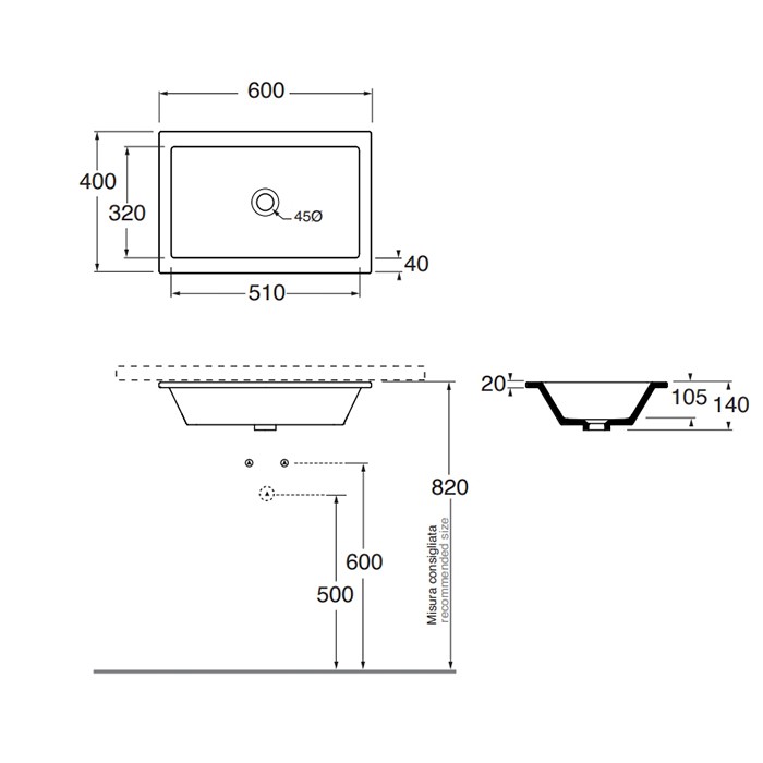 Azzurra раковина встраиваемая под столешницу 60х40см, без отв., Azzurra, THLT06040000BI/(THI60/SP bi) цвет: белый