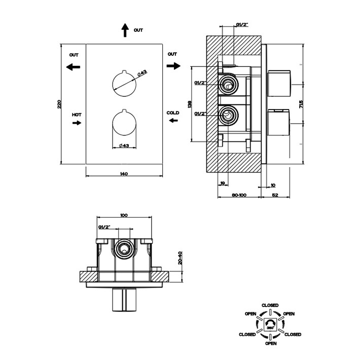 Gessi Смеситель для душа, встраиваемый, термостатический, на 3 позиции, Emporio Via manzoni, 38796#031 цвет: хром