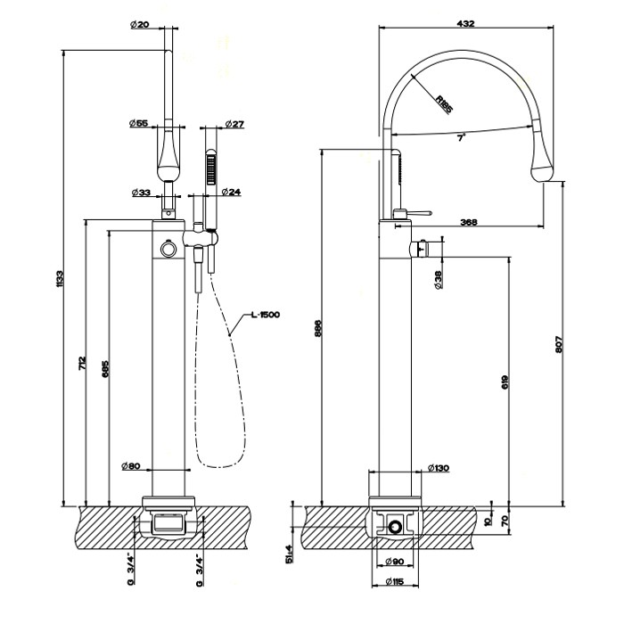 Gessi Внутренняя часть напольного термостатического смесителя для ванны, 24997#031 цвет: хром