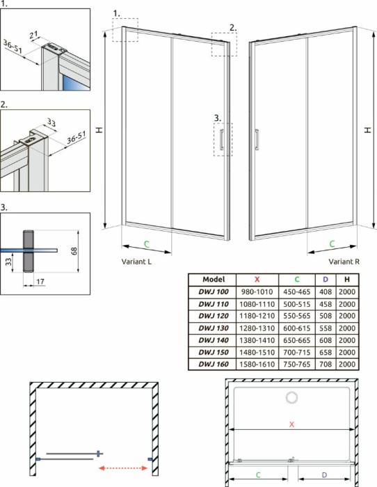 Radaway раздвижная душевая дверь premium pro black dwj цвет:черный, - 1014160-54-01R