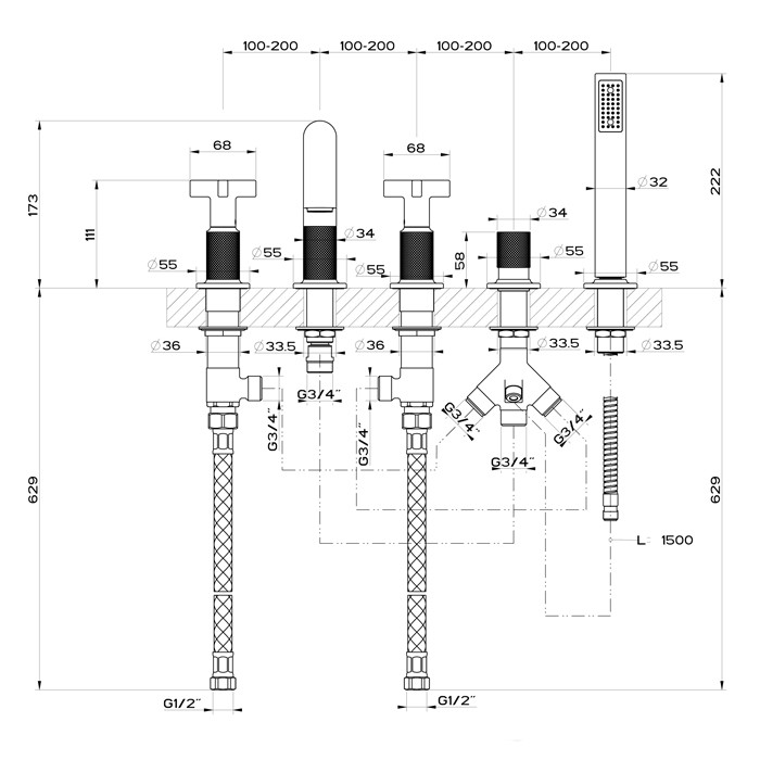 Gessi Смеситель для ванны на 5 отверстий с изливом, переключателем, ручным душем и шлангом 1,50 м., Inciso, 58140#299 цвет: black xl