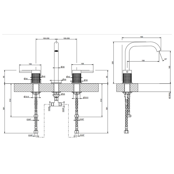 Gessi Смеситель для раковины на 3 отверстия, без донного клапана, излив 156мм, h=201мм, 316, 54212#707 цвет: brushed black metal pvd