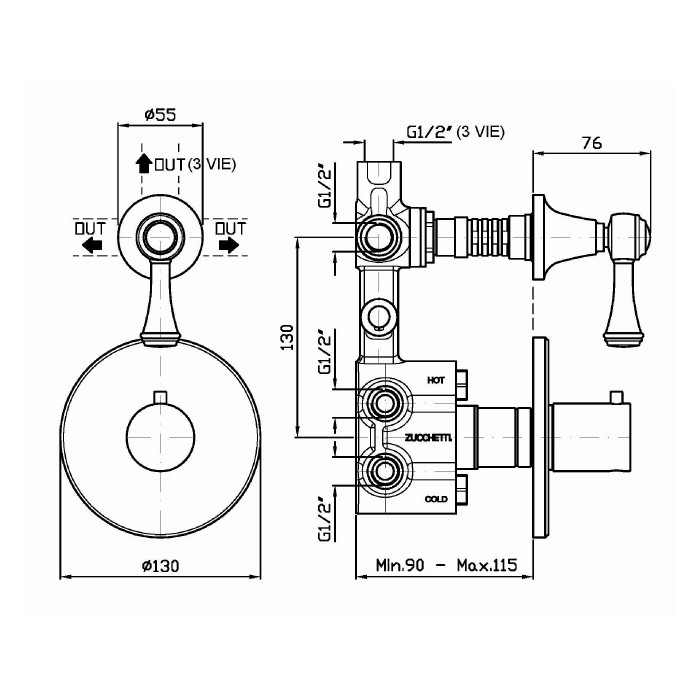 Zucchetti встроенный смеситель термостатический с дивертером 1/2, agora classic, хром арт. zam646 r97810