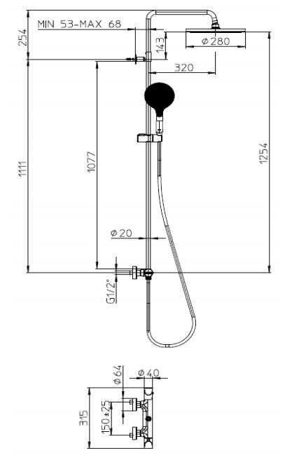 Bossini душевая колонна с термостатом, верхним душем, ручным душем, держателем и шлангом:, apice, никель арт. l10505.094