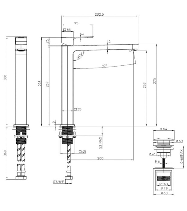 Bossini высокий однорычажный смеситель для раковины с донным клапаном, gillo, хром арт. z00706.030