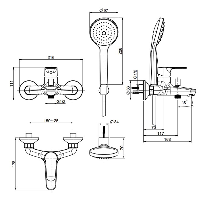 Fima Carlo Frattini смеситель для ванны, настенный, с ручным душем, serie 22, хром арт. f3834cr