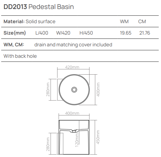 Раковина настольная, подвесная 400х420хh450 мм, Dea Pedestal Basin, белый арт. DD2013 400 18