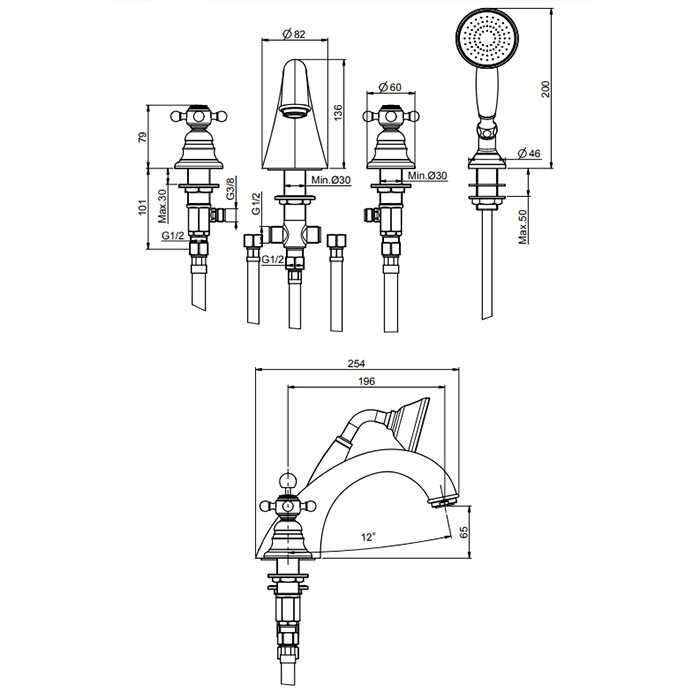 Fima Carlo Frattini смеситель на борт ванны, на 4 отв., сручным душем, elizabeth, золото арт. f5094or