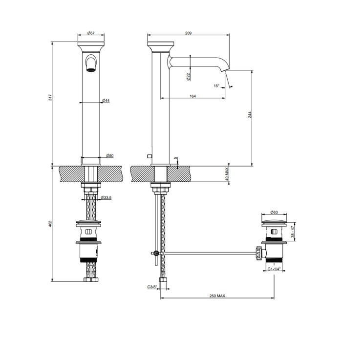 Gessi Смеситель для раковины высокий с донным клапаном, Origini, 66003#031 цвет: хром