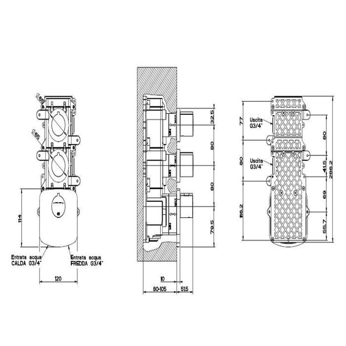 Gessi Встраиваемый термостат для душа, с 2мя независимыми выходами, верт/гориз установка, Tondo, 43234#031 цвет: хром