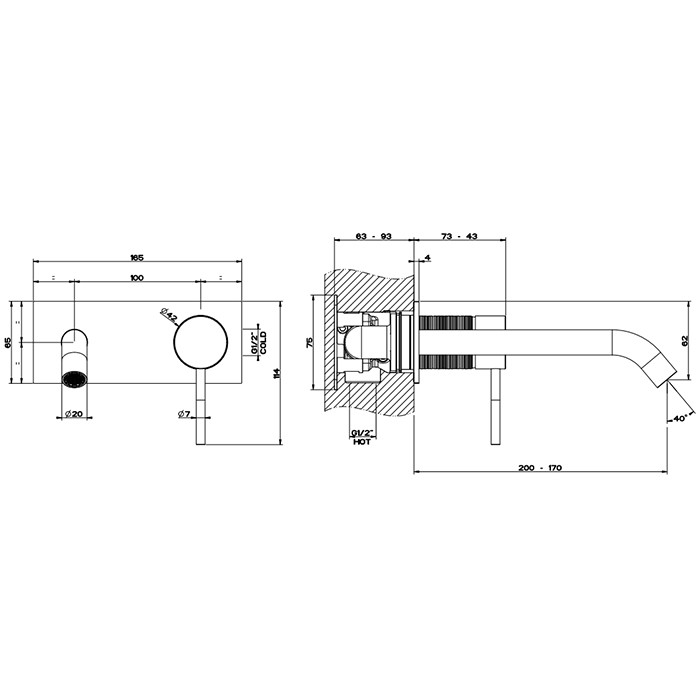 Gessi Встраиваемый смеситель для раковины с изливом 200-170мм, 316, 54390#707 цвет: brushed black metal pvd