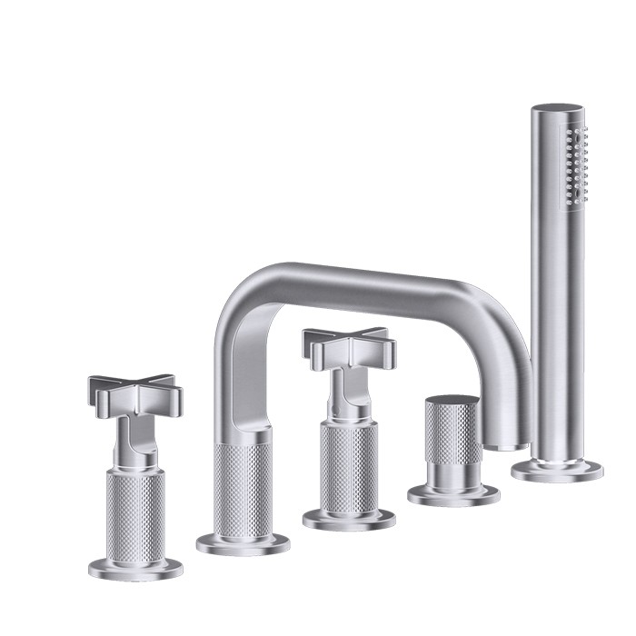 Gessi Смеситель для ванны на 5 отверстий с изливом, переключателем, ручным душем и шлангом 1,50 м, Inciso, 58140#149 цвет: finox