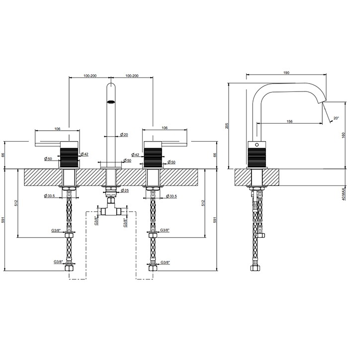 Gessi Смеситель для раковины на 3 отверстия, без донного клапана, излив 156мм, h=201мм, 316, 54312#707 цвет: brushed black metal pvd