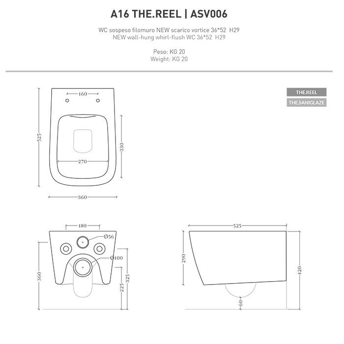 Унитаз подвесной Reel 36х52 см, matera/покрытие Saniglaze, Art Ceram A16 арт. ASV006 41 00