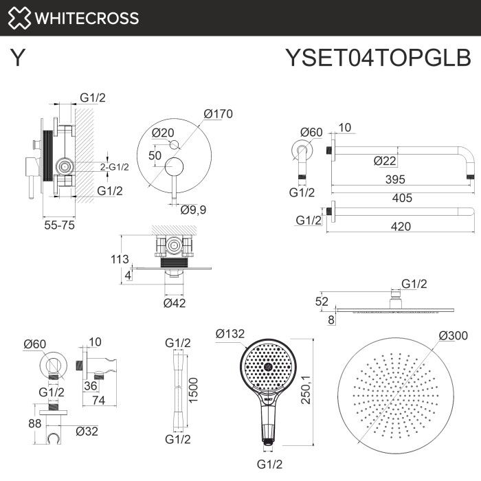 Душевая система скрытого монтажа, Whitecross Y brushed gold, брашированное золото арт. YSET04TOPGLB