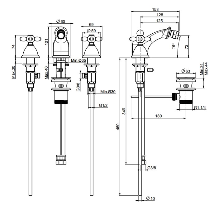 Fima Carlo Frattini cмеситель для биде, на 3 отв., с донным клапаном, olivia, золото арт. f5012or