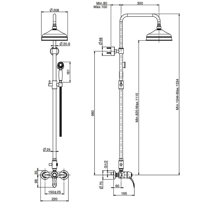 Fima Carlo Frattini душевая стойка, верхний душ 20см., со смесителем, с ручным душем и держателем lamp, золото арт. f3305/2or
