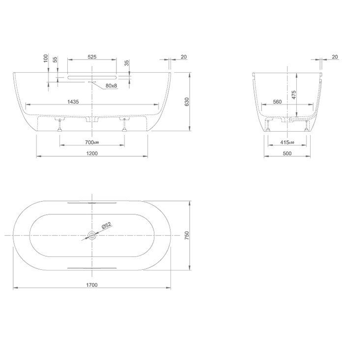 Knief ванна отдельностоящая, 170х75х63см., материала Stone, с переливом и выпуском Click-Clack хром, без ручек, Lotus, 0600-609-01 цвет: белый