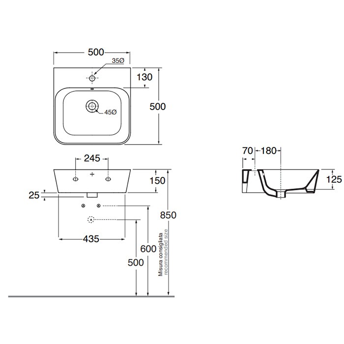 Azzurra раковина 50х50х16 см, 1 отв., подвесная/накладная, Azzurra, BULP05050T0MBI*1 цвет: белый