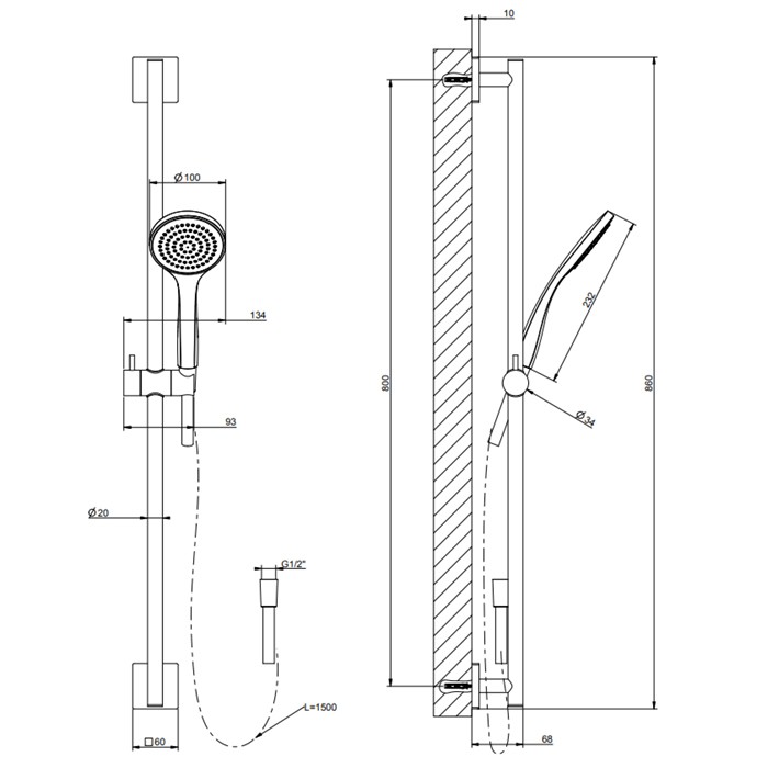 Gessi Штанга в комплекте с душевой лейкой, шланг 1,50 м., Rilievo, 59245#031 цвет: хром