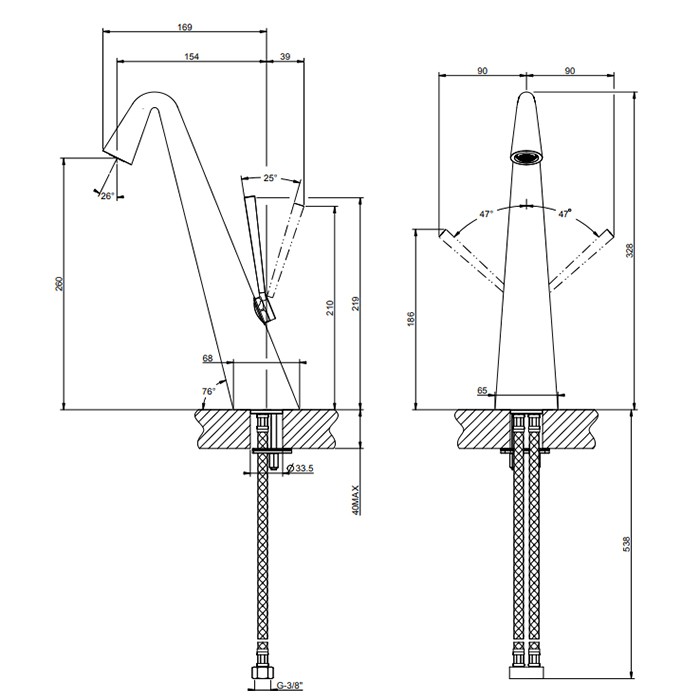 Gessi Смеситель для раковины высокий,соединительные шланги на 3/8, Cono, 45003#031 цвет: хром