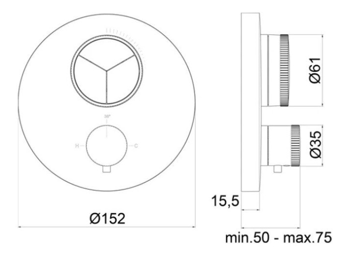 Внешняя часть встраиваемого термостатического смесителя с кнопочным управлением для 3-х потребителей, Almar Core Push Round, E176633.AB цвет: черный металл брашированный PVD