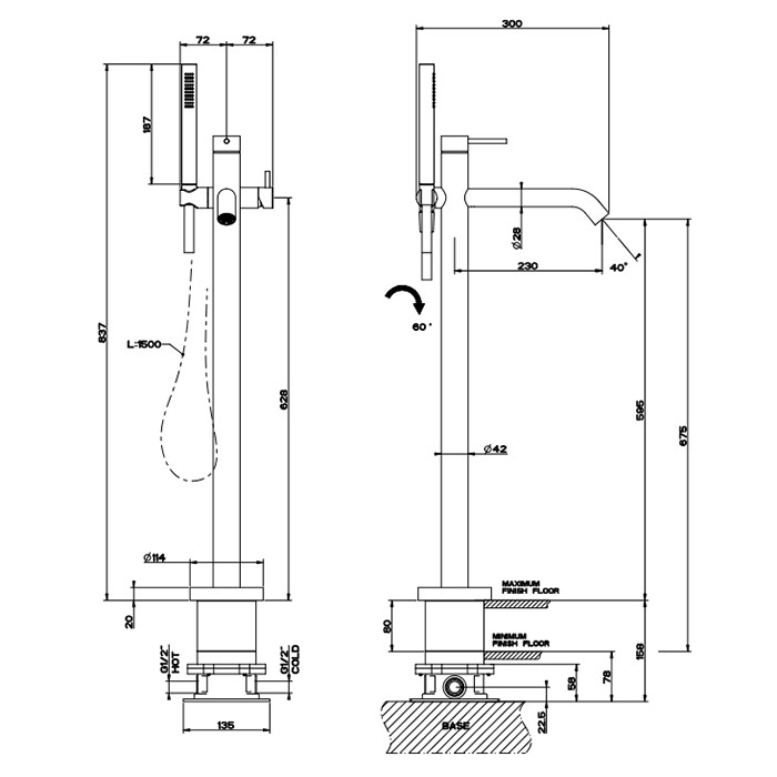 Gessi Напольный смеситель для ванны с душевой лейкой, 316, 54028#707 цвет: brushed black metal pvd