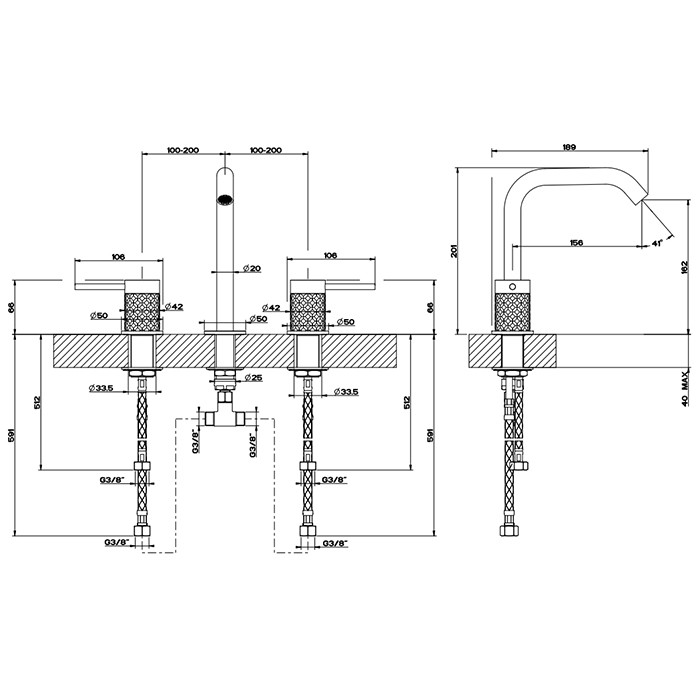 Gessi Смеситель для раковины на 3 отверстия, без донного клапана, излив 156мм h=201мм, 316, 54112#707 цвет: brushed black metal pvd