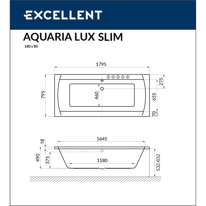 Ванна lux slim 180x80 relax, Excellent Aquaria, бронза арт. WAEX.AQU18S.RELAX.BR