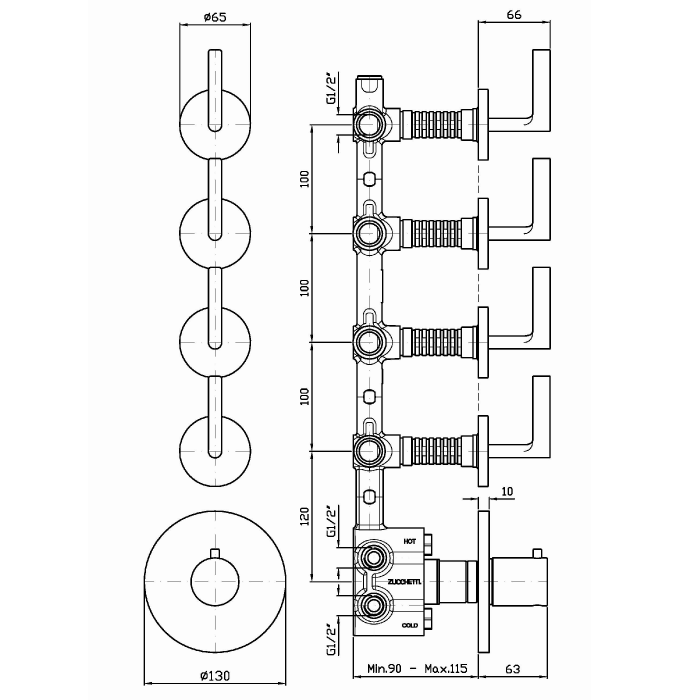 Zucchetti термостатический встроенный смеситель, с 4 запорными клапанами, simply beautiful, хром арт. zsb5662 r97823