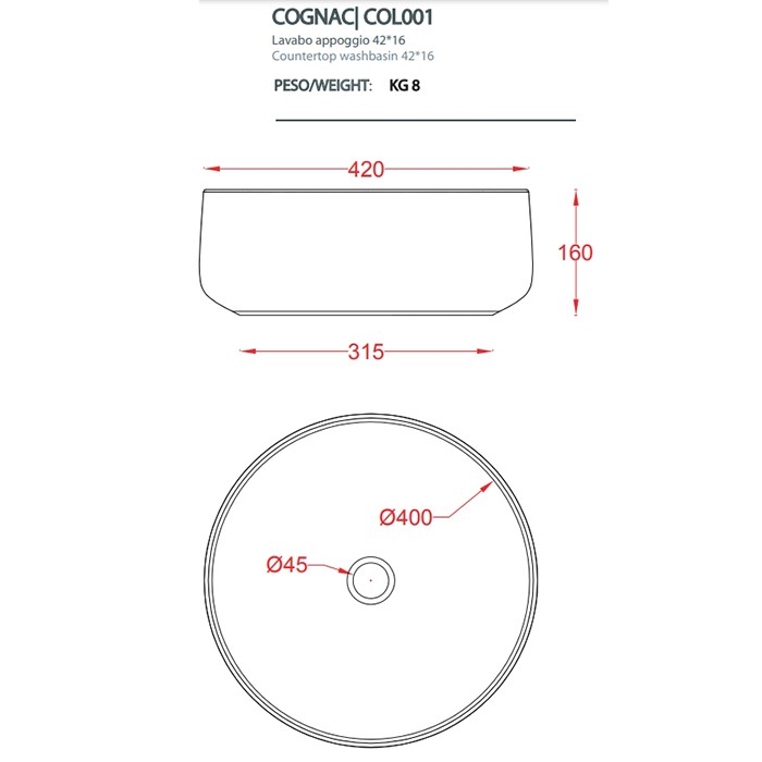 Раковина накладная D42 см, Artceram - COL001 01 34