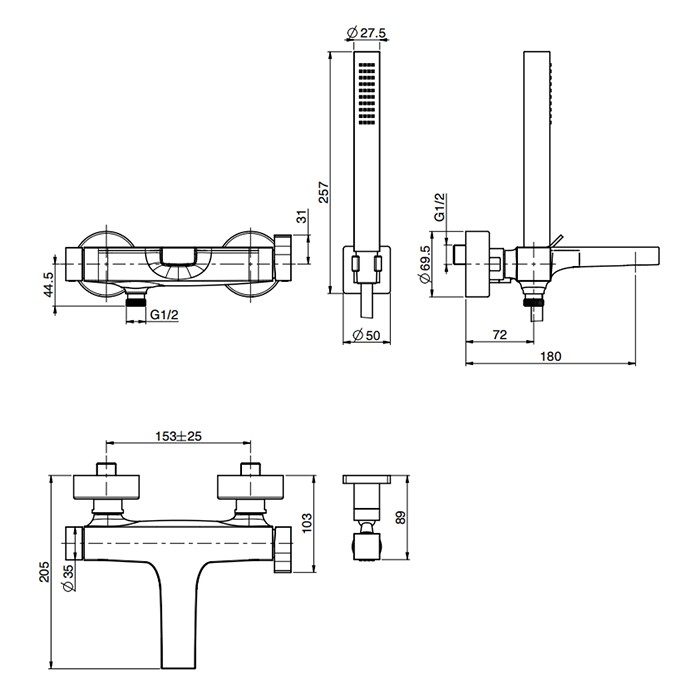 Fima Carlo Frattini смеситель для ванны, настенный, с ручным душем, zeta, золото арт. f3964or