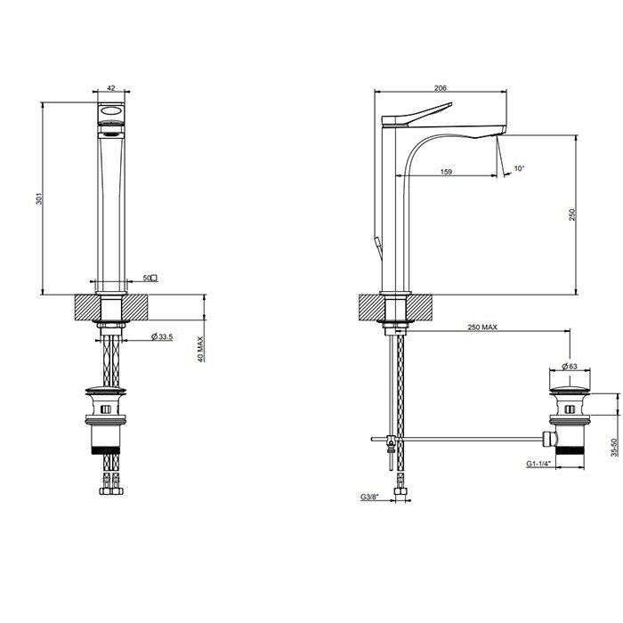 Gessi Смеситель для раковины на 1 отв. с донным клапаном h=301мм, излив 159мм, Rilievo, 59009#299 цвет: nero xl