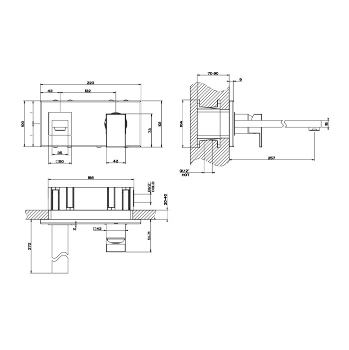 Gessi Смеситель для раковины, встраиваемый, однорычажный, излив 256мм, Rettangolo, 44838#299 цвет: black xl