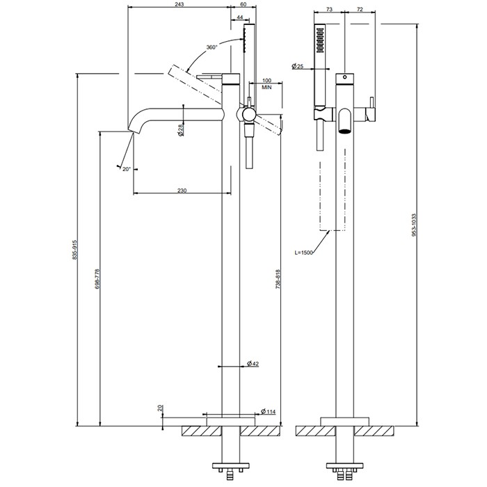 Gessi Смеситель для ванны, напольный, с душевой лейкой (внешние части), 316, 54028#708 цвет: brushed copper pvd