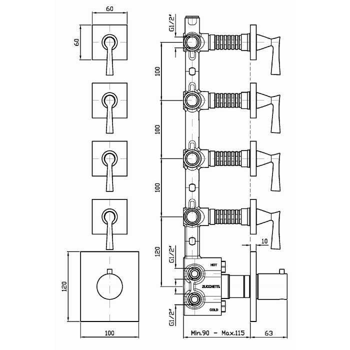 Zucchetti встроенный термостатический смеситель с 4 запорными клапанами, bellagio, хром арт. zb2662