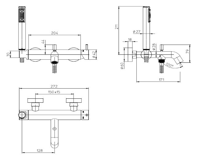 Bossini однорычажный смеситель для ванны со шлангом 1250 мм и лейкой zen, teo, бронза арт. z00723.022