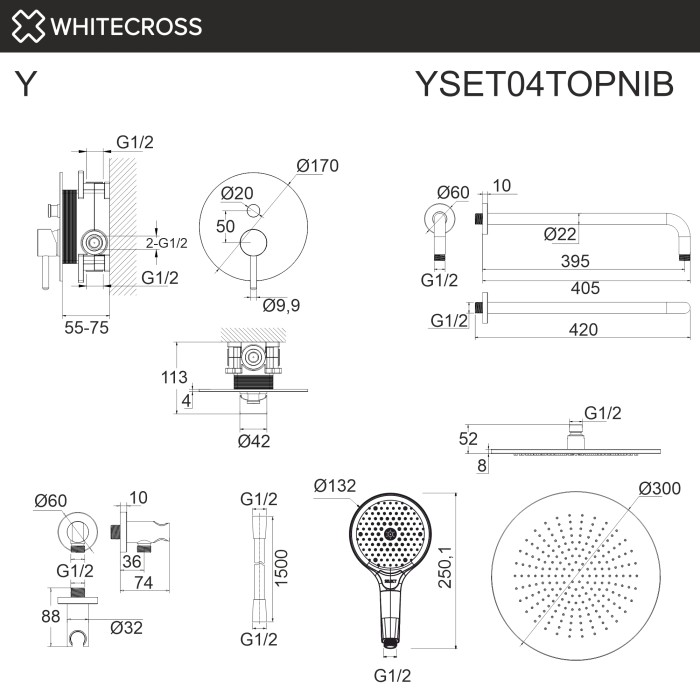 Душевая система скрытого монтажа, Whitecross Y brushed nickel, брашированный никель арт. YSET04TOPNIB