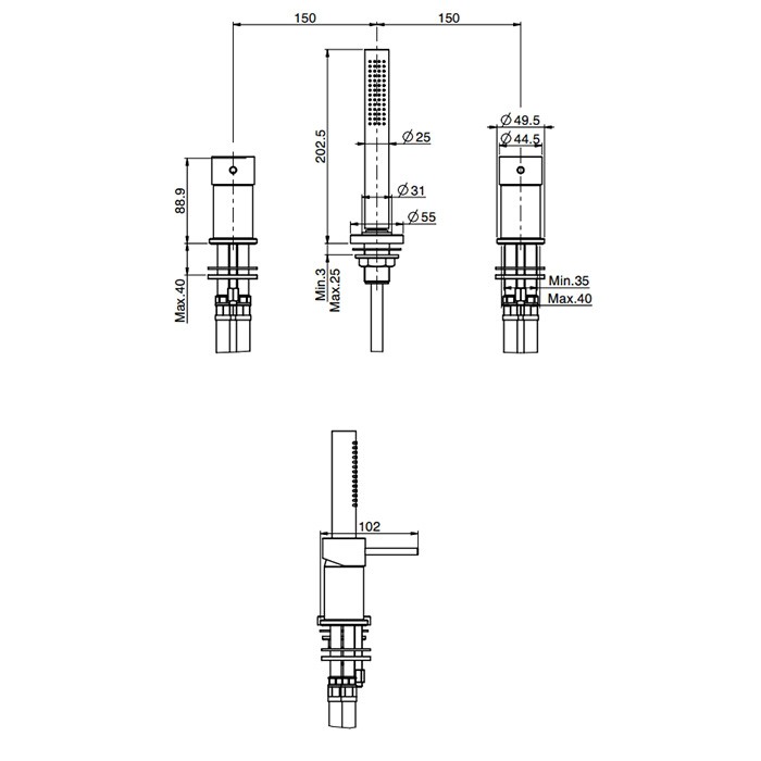 Fima Carlo Frattini смеситель на борт ванны, на 3 отв., с ручным душем, spillo up, хром арт. f3044/1ncr