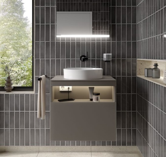 Keuco тумба под раковину с освещением 490 мм х 650 мм х 549 мм, с 1 выдвижным ящиком, с отверстием под смеситель справа, с сифоном, stageline, кашемир арт. 32855 180100