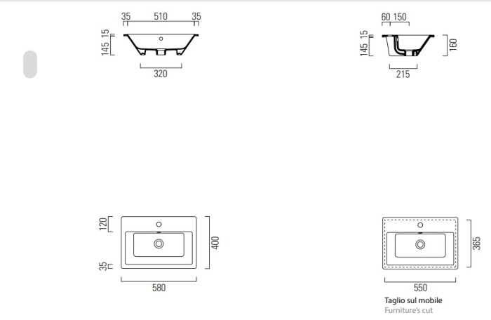 GSI Врезная сверху раковина 58х40 см, санфаянс, с отв. под смеситель, Kube-x - 9433111