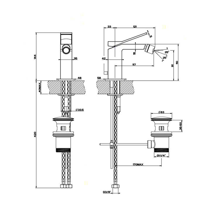 Gessi Смеситель для биде на 1 отверстие, с донным клапаном, Rettangolo, 53007#031 цвет: хром