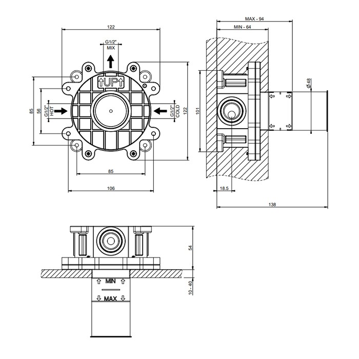 Gessi Встраиваемая часть настенного однорычажного смесителя, брашированная сталь, 63412#239 цвет: