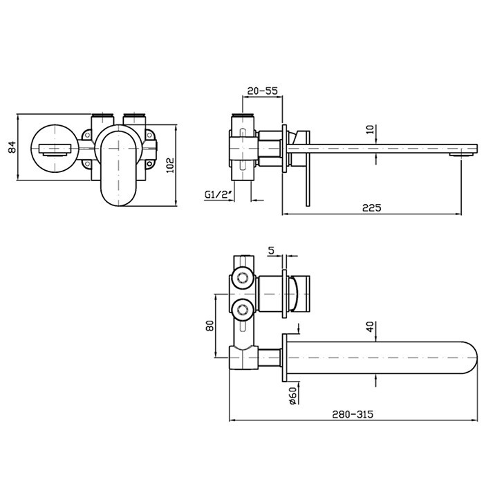 Zucchetti смеситель для раковины, встраиваемый, на 2 отверстия, излив 22.5см, внешняя часть, octo, brushed metal black арт. zoc745.c51