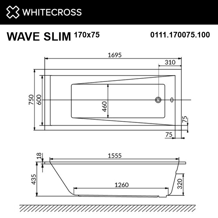 Встраиваемая ванна slim 170x75 ultra nano, Whitecross Wave, хром арт. 0111.170075.100.ULTRANANO.CR